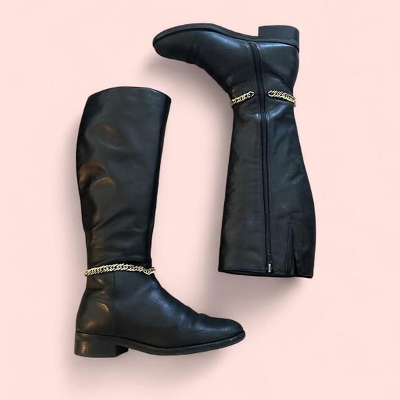 unknown Shoes - Black leather spanish riding boots with gold chain